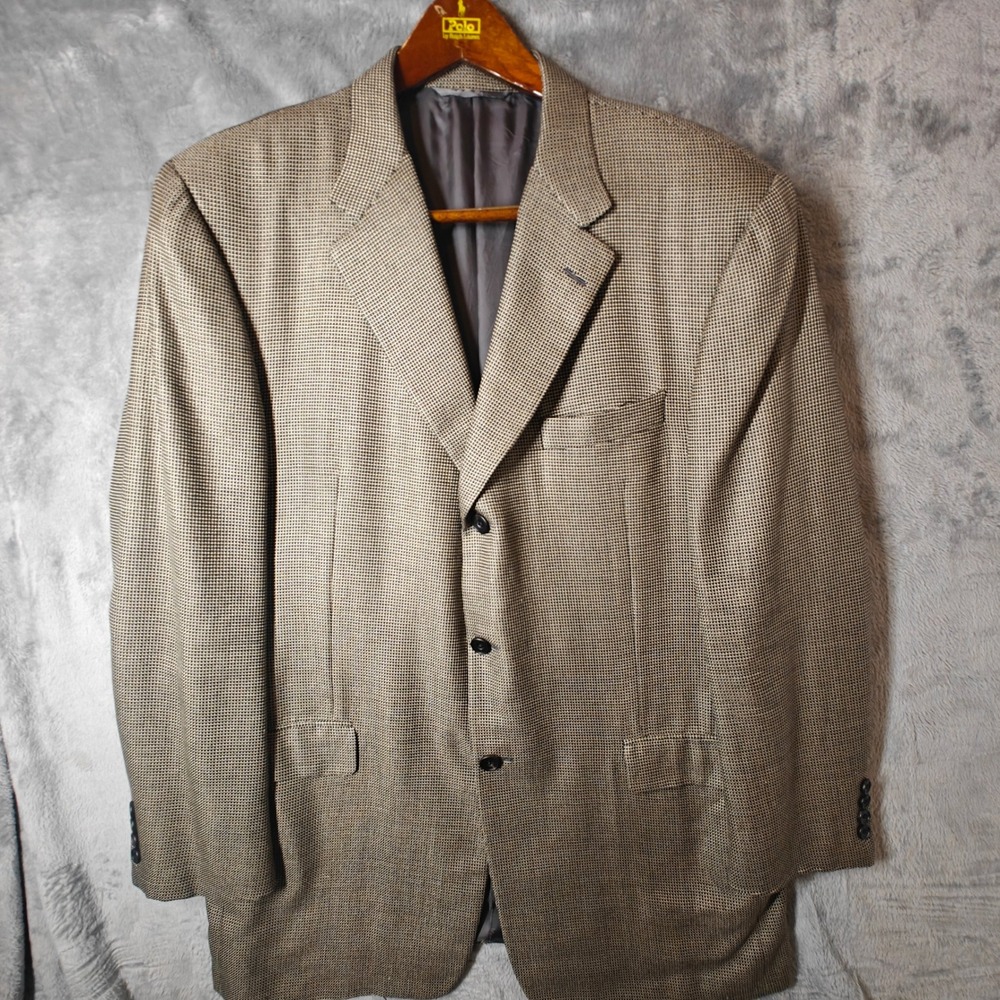 Hickey Freeman Blazer Mens 44L Tan Silk Wool Bespoke Canterbury Houndstooth